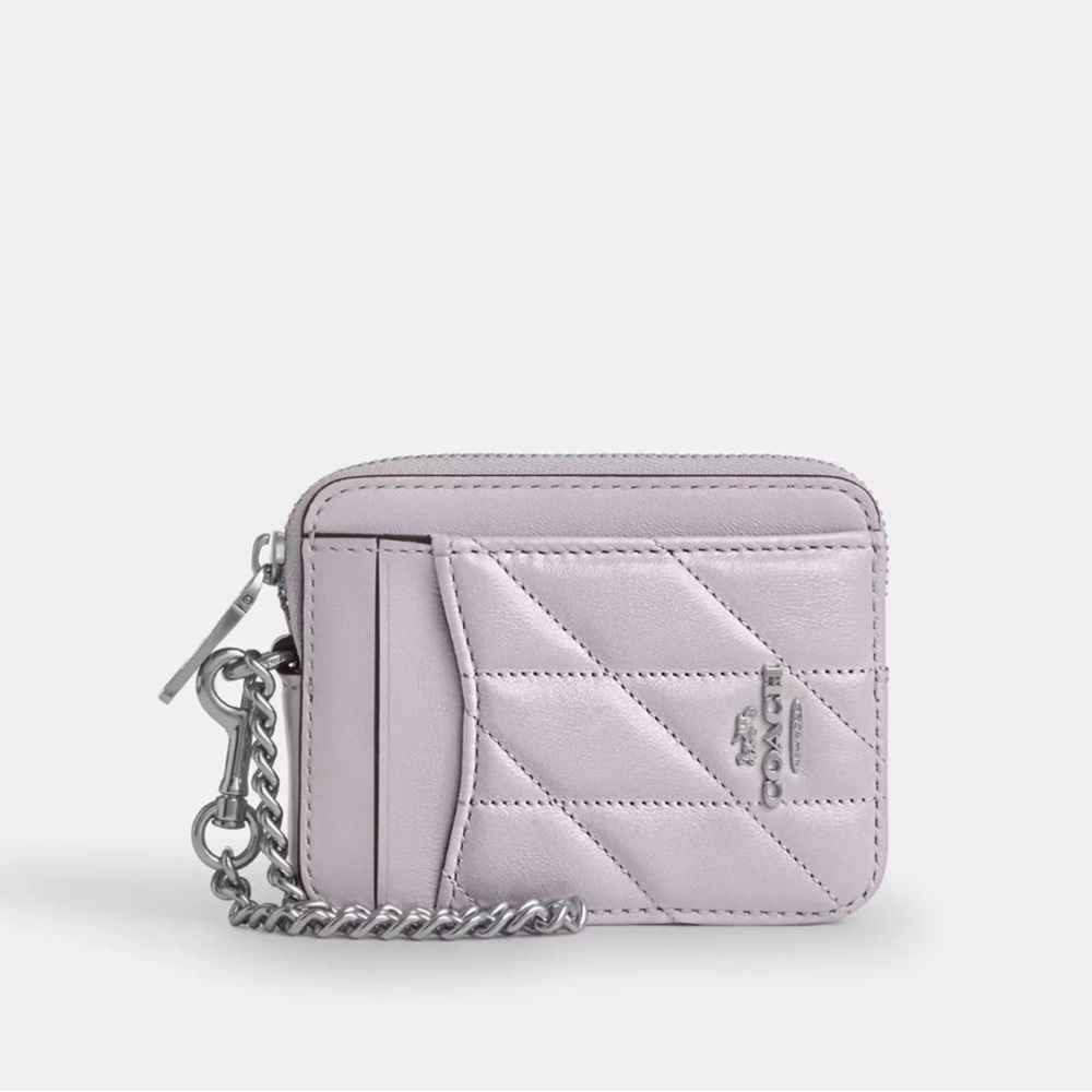 Coach Zip Card Case With Quilting - Leather/Silver/Pink NWT